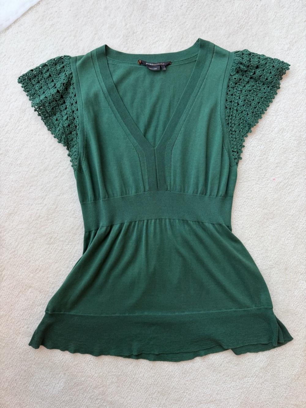 BCBGMaxAzria Forest Green V-Neck Knit Peplum Top w Crochet Sleeves Cotton & Silk